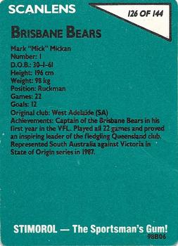 1988 Scanlens VFL #126 Mark Mickan Back